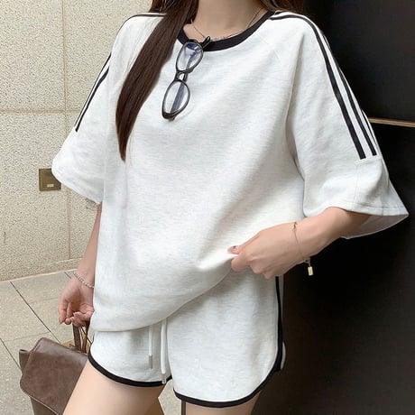 セットアップ サイドライン Tシャツ ショートパンツ 半袖 トップス ルーズ スポーツミックス レトロ 韓国ファッション レディース 大人可愛い ガーリー DTCA-953137451755