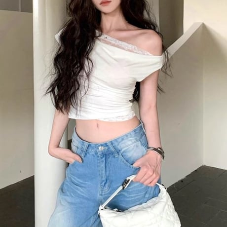 Tシャツ レース付き クロップド丈 ショート丈 ワンショルダー スリムフィット トップス スリムtシャツ カットソー 半袖 レトロ 大人可愛い ガーリー DTCA-902062232021