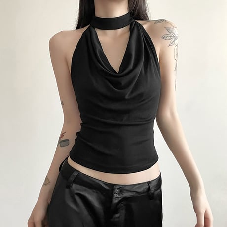 オープンバック ノースリーブ トップス ホルターネック タンクトップ バックオープン バックレス 背中開き tシャツ スリムフィット レトロ 大人可愛い ガーリー DTCA-888244191236