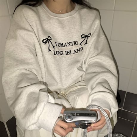 スウェット トレーナー リボン ロゴ プルオーバー トップス ルーズ ゆったり 長袖 レトロ 韓国ファッション レディース 大人可愛い ガーリー カジュアル DTC-769369677144