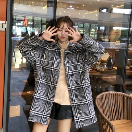 チェックコート シングルブレスト 韓国 ファッション レディース コート チェック柄 アウター ウールコート シングルブレスト レトロ (DTC-603665766891)