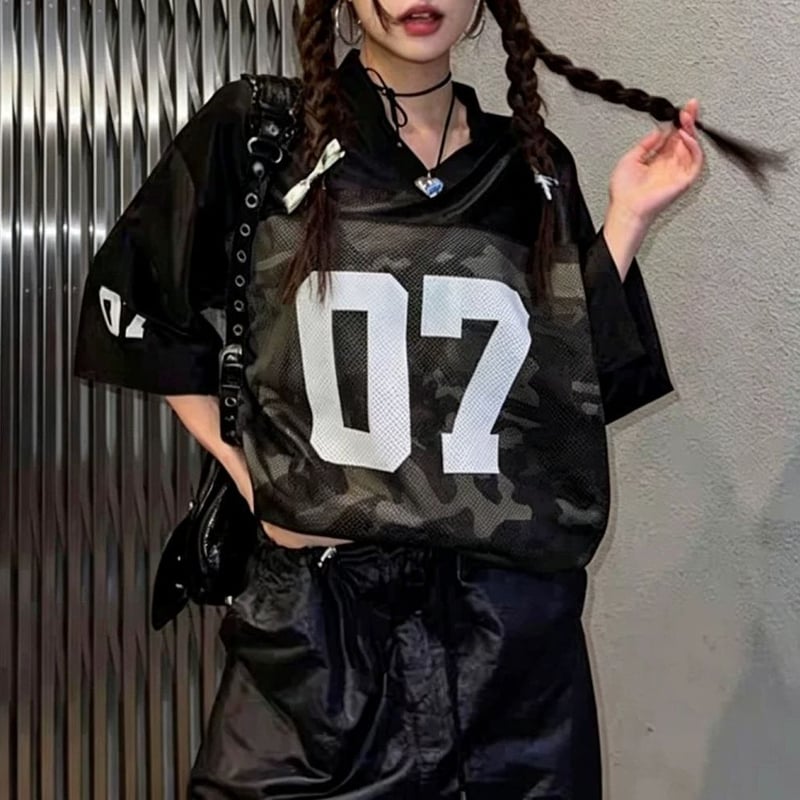 tシャツ メッシュ切り替え ナンバリング カモフラージュ柄 迷彩柄 V