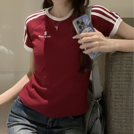 Tシャツ サイドライン スリムフィット トップス 半袖 レトロ 韓国ファッション レディース 大人可愛い ガーリー スポーツミックス カジュアル DTC-800737155571