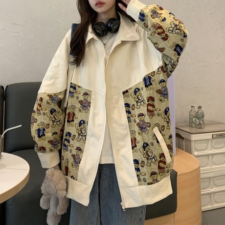 ジャケット くまちゃん ベアー ジップアップ 薄手 長袖 レトロ ルーズ 韓国ファッション レディース 大人可愛い ガーリー カジュアル ストリートファッション DTC-652685578373