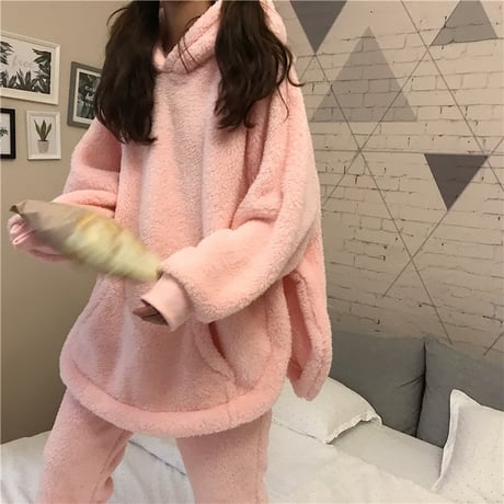 ルームウェア パジャマ セットアップ フリース パーカー + パンツ 耳付き 長袖 上下セット 長袖 韓国ファッション レディース もこもこ ガーリー 628421744075
