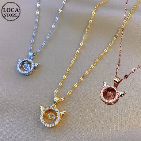 サークル ネックレス 天使の羽 チェーン付き 金属アレルギー対応 CZ ペンダント アクセサリー チタン メッキ 韓国アクセサリー DTC-622240378318