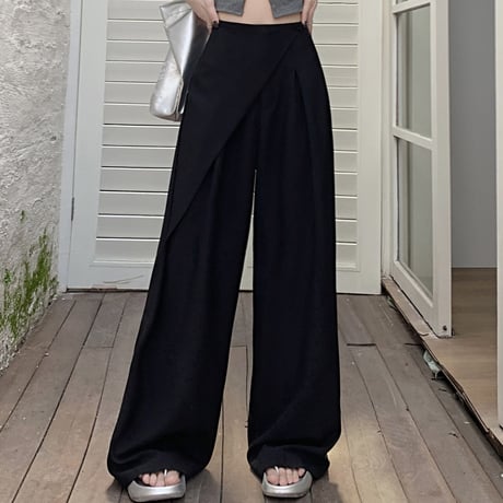 アシンメトリー モップパンツ ワイドパンツ タック ドレープ ハイウエスト ルーズ レトロ 韓国ファッション レディース 大人可愛い ガーリー DTC-778588912089