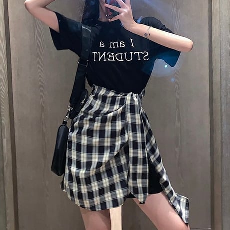 ドッキングワンピース フェイクレイヤード ワンピース Tシャツ チェック柄 ハイウエスト 半袖 韓国ファッション レディース 大人可愛い ガーリー カジュアル DTC-669317161455