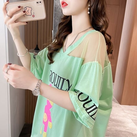 シアー Tシャツ 切り替え シースルー Vネック オーバーサイズ ゆったり 半袖 レトロ 韓国ファッション レディース 大人可愛い ガーリー カジュアル DTC-649581818312
