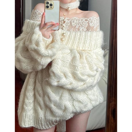 ニット ケーブル編み レース オフショルダー ボタン トップス 長袖 ゆったり ルーズ レトロ 大人可愛い ガーリー DTCA-974012246141