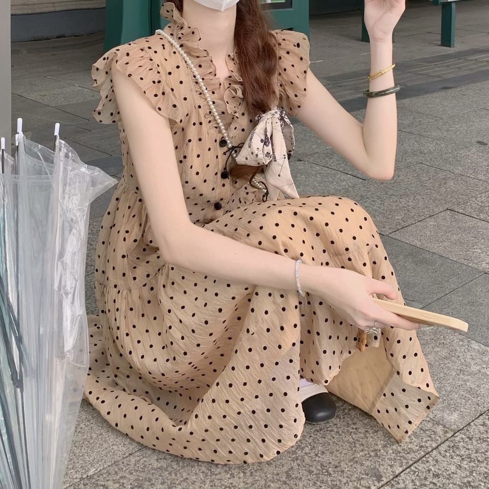 ドット柄 ノースリーブ ワンピース フリル フロントボタン V ドット柄 ノースリーブ ワンピース フリル フロントボタン V