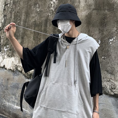 フード付き ベスト ユニセックス メンズ レディース プルオーバー 無地 オーバーサイズ 大きいサイズ ルーズ ストリート TBN-622664618988