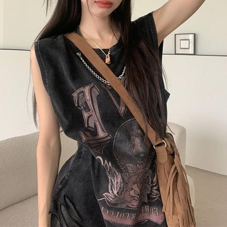 チェーンデザイン タンクトップ ダメージ加工 ウォッシュ加工 ヴィンテージ風 ノースリーブ tシャツ トップス オーバーサイズ レトロ カジュアル ストリート女子 DTCA-795943873261