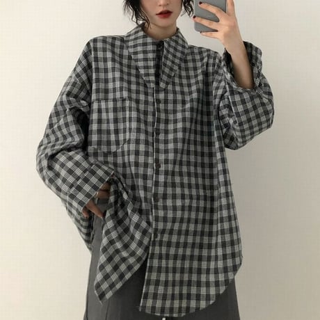 韓国ファッション チェック柄 シャツ ルーズ ゆったり 長袖 ストリート 襟ロング 大人カジュアル 秋 冬 オルチャン 韓国 レディース (DTC-601823900318_002)