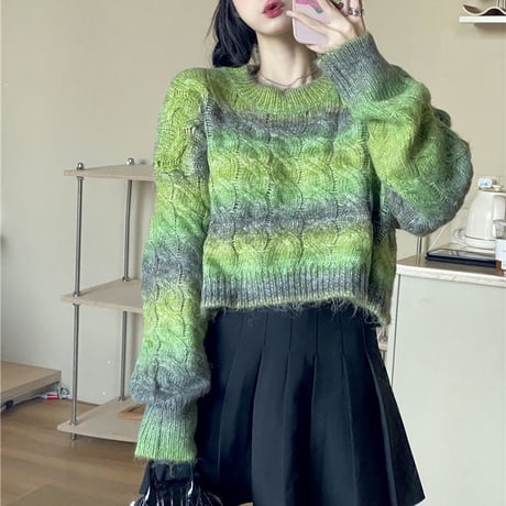 ニット セーター グラデーション ケーブル編み 厚手 長袖 ショート丈 カラフル レトロ 韓国ファッション レディース 大人可愛い ガーリー DTC-658029973431