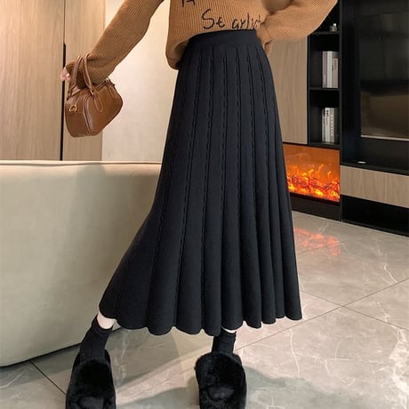 ニットスカート 厚手 マーメイドスカート プリーツスカート ロング丈 ハイウエスト スカート ウエストゴム レトロ 韓国ファッション レディース 大人可愛い ガーリー DTC-756880446087