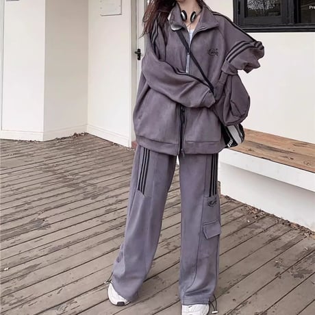 セットアップ 上下セット ジャージ ロゴ サイドライン トップス ワイドパンツ カーゴパンツ ドロスト ジップアップ 長袖 ルーズ レトロ カジュアル DTCA-829056711681