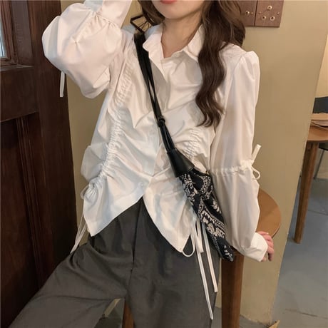 シャツ ブラウス 絞りデザイン ドローコード パフスリーブ 長袖 レトロ 韓国ファッション レディース 大人可愛い ガーリー DTC-640468829657