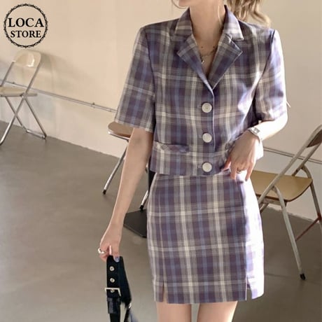 セットアップ チェック柄 クロップドジャケット ＋ スカート ハイウエスト 韓国ファッション レディース ジャケット クロップド丈 半袖 大人可愛い ガーリー DTC-642494056922