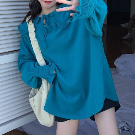 大きい襟 トップス トレーナー ブラウス 長袖 ルーズ レトロ 韓国ファッション レディース 大人可愛い ガーリー フェミニン DTC-654704055754