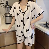 ルームウェア セットアップ リボン柄 トップス ＋ ショートパンツ ウエストゴム 韓国ファッション レディース パジャマ 上下セット 部屋着 ガーリー フェミニン DTC-645023297888