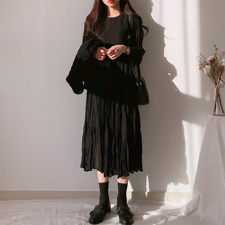 レディース ワンピース しわ加工 フレア ロング丈 レイヤード 重ね着風 フェミニン 韓国ファッション オルチャン (DCT-583465390564)