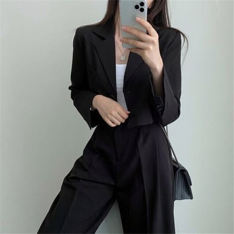 セットアップ 2点セット ショートジャケット ワイドパンツ ショート丈 テーラードジャケット タックパンツ パンツスーツ 長袖 レトロ 大人可愛い DTCA-740940979194