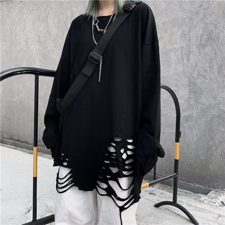 ユニセックス Tシャツ 長袖 ダメージ加工 無地 ロンT オーバーサイズ 韓国ファッション メンズ レディース 韓国ストリートファッション DTC-607044830886
