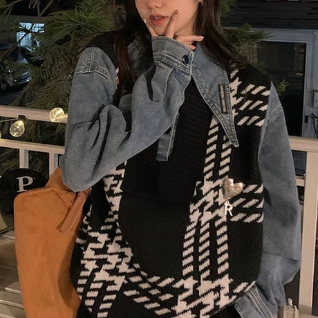 ドッキングトップス フェイクレイヤード デニムシャツ ニットベスト ダメージ加工 チェック柄 レトロ 韓国ファッション レディース 大人可愛い ガーリー カジュアル DTC-665578093033