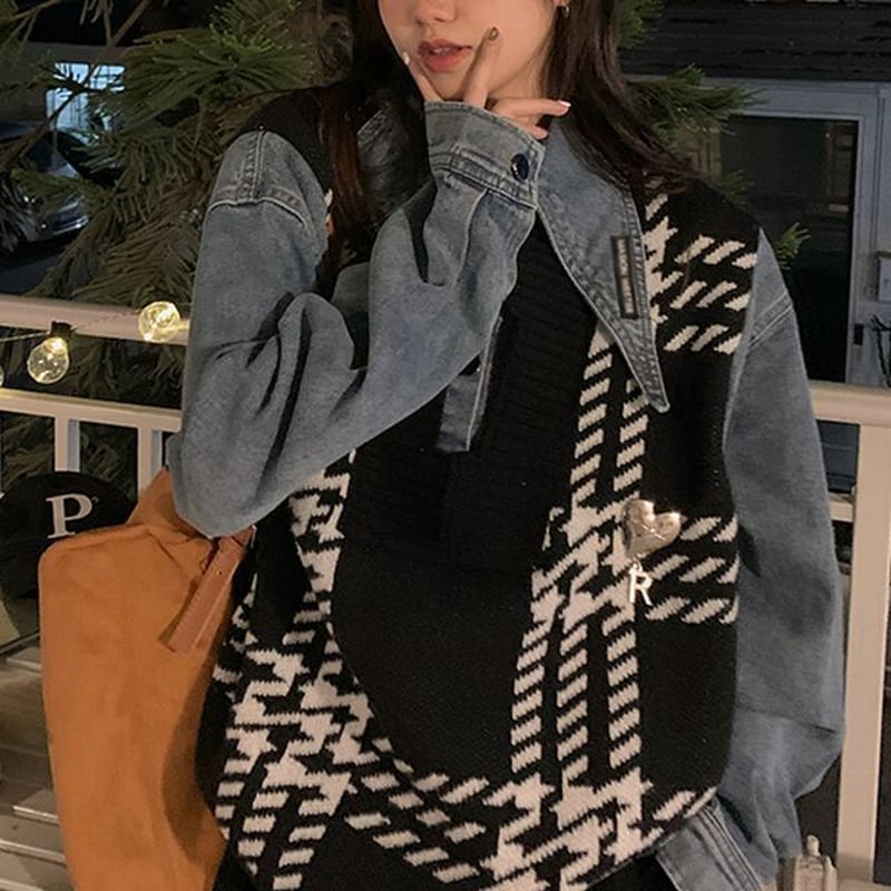 ドッキングトップス フェイクレイヤード デニムシャツ ニットベスト