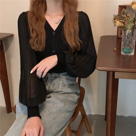 ニットカーディガン Vネック アコーディオンプリーツ袖 薄手 ゆったり トップス 長袖 レトロ 韓国ファッション レディース 大人可愛い ガーリー DTC-651358229075