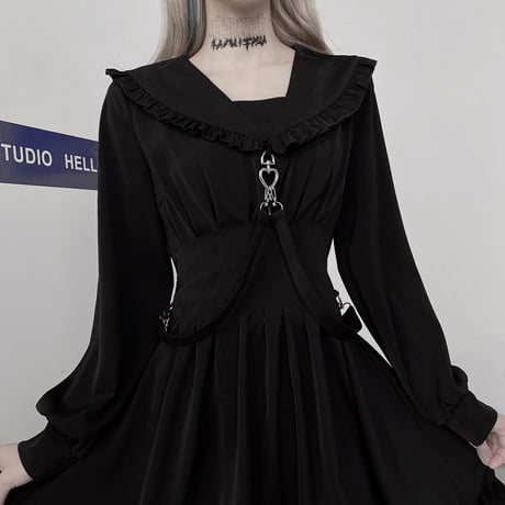 【2カラー】 ワンピース フリル襟 ストラップ ハイウエスト Aライン 長袖 韓国ファッション レディース 大人可愛い ガーリー フェミニン ゴシック 暗黒系 DTC-624472065156