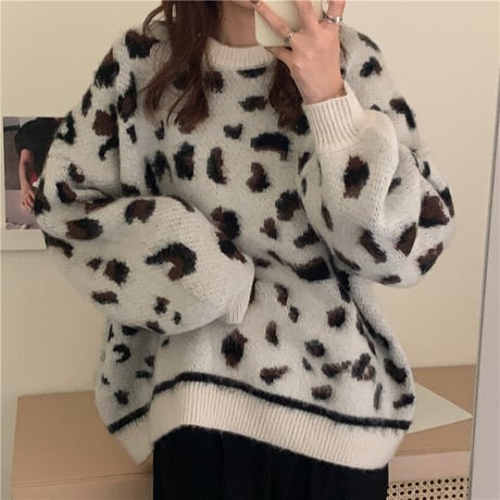 ニット セーター 3カラー レオパード柄 ヒョウ柄長 袖 プルオーバー 韓国ファッション レディース トップス ラウンドネック 大人可愛い かわいい ガーリー DTCA-688582321649