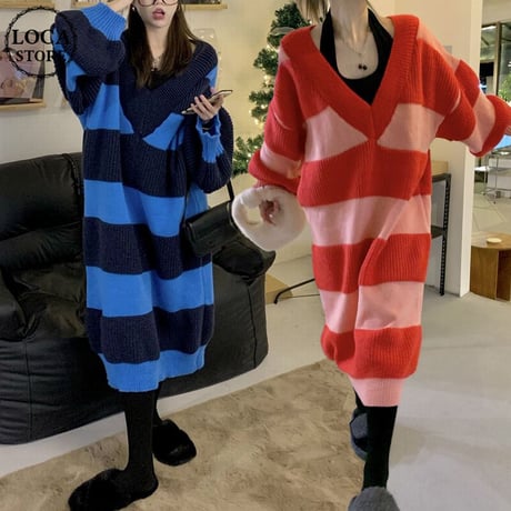 ボーダー柄 ニットワンピース Vネック オフショルダー ロング丈 長袖 ルーズウエスト レトロ 韓国ファッション レディース カジュアル 大人可愛い ガーリー DTC-663068830182