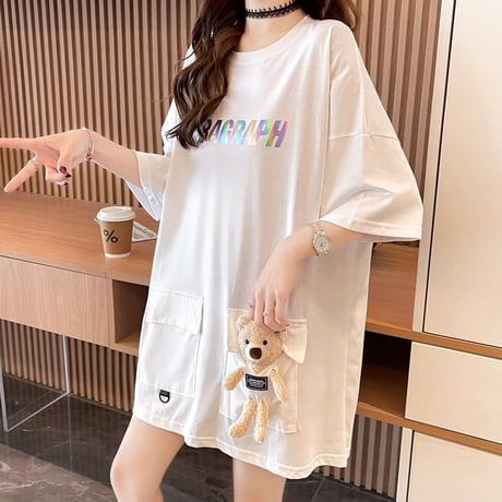 クマのぬいぐるみ付き Tシャツ ダブルポケット 幾何学 チュニック ゆったり 半袖 レトロ 韓国ファッション レディース 大人可愛い ガーリー カジュアル DTC-668699340794