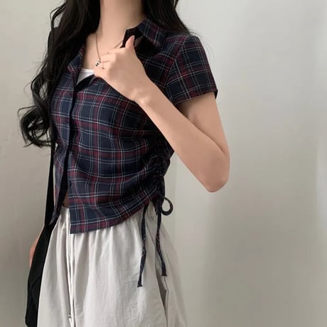 チェック柄シャツ サイドシャーリング トップス ショート丈 ドローストリング ドロスト チェックシャツ 半袖 レトロ 大人可愛い ガーリー カジュアル トレンド DTCA-925867914003