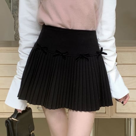 プリーツスカート リボン ミニスカート ハイウエスト Aライン スカート 脚長 レトロ 大人可愛い ガーリー 韓国ファッション レディース カジュアル フェミニン DTCA-837145949061