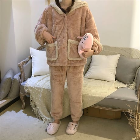 【ルームウェア】 フード付き パジャマ セットアップ トップス + パンツ ラビット フリース ウサギ 長袖 上下セット 長袖 韓国ファッション レディース ガーリー 627124813627