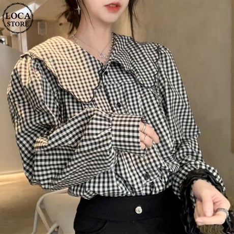 ギンガムチェック ブラウス ビッグカラー チェックブラウス 長袖 レトロ 韓国ファッション レディース トップス 大きい襟 大人可愛い ガーリー フェミニン DTC-652506690954