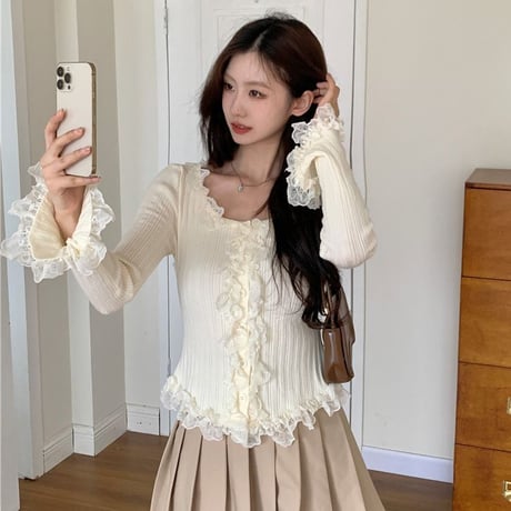 フリルカーディガン レースフリル スリムフィット カーディガン ニット トップス 長袖 レトロ 韓国ファッション レディース 大人可愛い ガーリー フェミニン DTC-743744510900