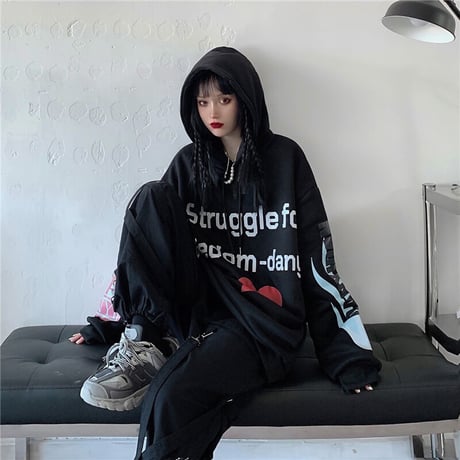 ユニセックス パーカー ハート 英字 袖プリント バックプリント プラスベルベット オーバーサイズ 韓国ファッション 大きめ カジュアル ストリート系 DTC-611075967613_M8-490