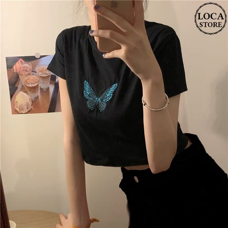バタフライ Tシャツ 半袖 ショート丈 ブラック 韓国ファッション レディース 蝶 黒 かわいい ガーリー DTC-615160318594_bk