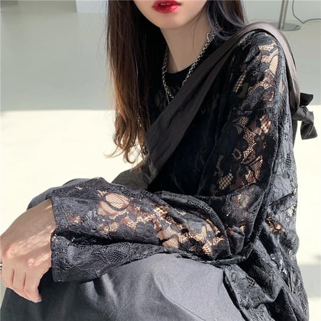 フラワーレース tシャツ 透け感 トップス ホワイト ブラック クルーネック レース ロンT 長袖 レトロ 大人可愛い ガーリー DTCA-865166902200