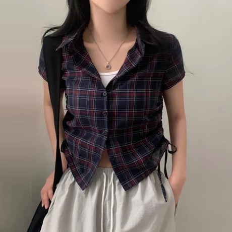 チェック柄シャツ サイドシャーリング トップス ショート丈 ドローストリング ドロスト チェックシャツ 半袖 レトロ 大人可愛い ガーリー カジュアル トレンド DTCA-925867914003