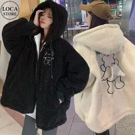 フード付き ボアブルゾン エンジェルくまちゃん 羽 フェイクラムウール ボアジャケット アウター ゆったり 長袖 レトロ 大人可愛い ガーリー カジュアル DTCA-857752590528