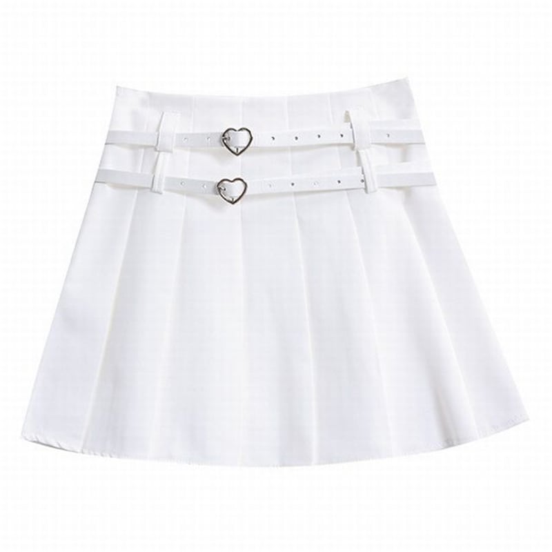 プリーツスカート ハートバックル ダブルベルト ウエストマーク ハイ