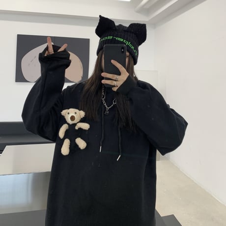 ユニセックス パーカー クマのぬいぐるみ付き プルオーバー プラスベルベット 長袖 オーバーサイズ 韓国ファッション メンズ レディース カジュアル ストリート系 DTC-660128840646
