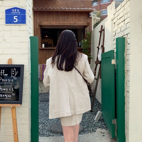 セットアップ ジャケット ＋ スカート リネン 韓国ファッション レディース 麻 シンプル 無地 シングルブレスト ハイウエスト レトロ (DTC-600589387060)