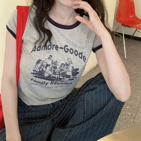 レトロプリント Tシャツ ショート丈 半袖 クルーネック スリムフィット レトロ カジュアル ストリートファッション ストリート系女子 DTCA-702505709620