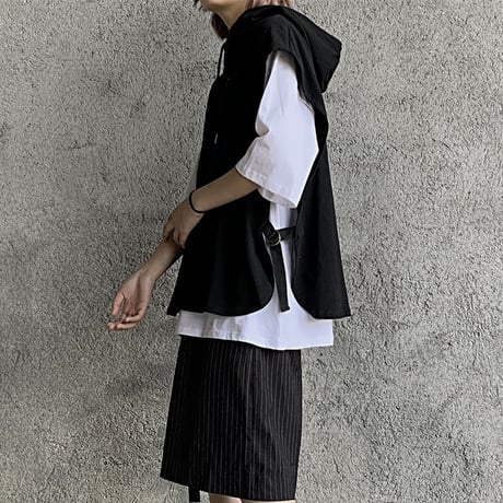 フェイクレイヤード フードベスト ＆ Tシャツ 半袖 ストリートファッション カジュアル 韓国ファッション レディース パーカーベスト ストリート系 DTC-617309764616